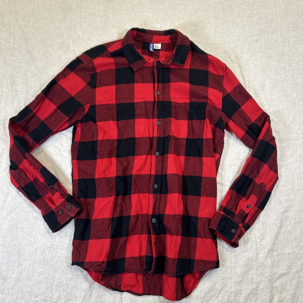 H&M Divided Men's Plaid Button Up Shirt Red Black 100% Cotton Medium